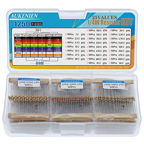 AUKENIEN 1/4W Carbon Film Resistors Assortment 25 Values 1250 Pieces Resistance Set 1 Ohm to 1M Ohm 1/4 Watt 5% Carbon Film Electronics Resistors Resistor Kit 1/4W 5%