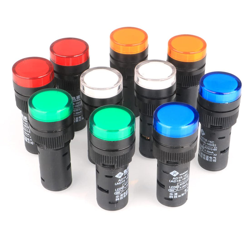 GUUZI 12V/24V 20mA Energy Saving LED Indicator Light Hole Size 16mm Green/Yellow/Red/Blue/White (Pack of 10) Green, Yellow, Red, Blue, White