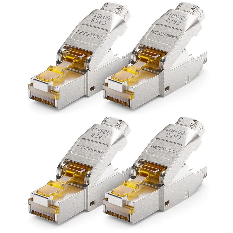 deleyCON CAT 8 Network Connector RJ45 Tool-free 40 Gbps Pack of 4 | Tool-free, shielded, for rigid installation cables, raw cables, RJ45 Ethernet LAN DSL patch cable Straight 4 pcs.