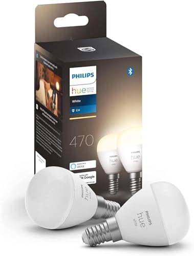 Philips Hue White E14 Luster, 2 × 470 lm, Dimmable, Warm White Light, Controllable via App, Compatible with Amazon Alexa, Pack of 2 Single