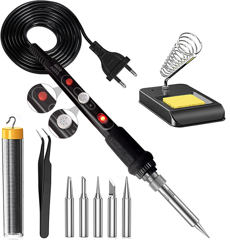 Soldering Iron Set, 60 W Soldering Iron Soldering Set with On/Off Switch 200-450 °C, Adjustable Temperature Button, 5 Soldering Tips, Curved Tweezers, Soldering Wire, Iron Stand with Sponge, Pro Electrical Engineering Repairs