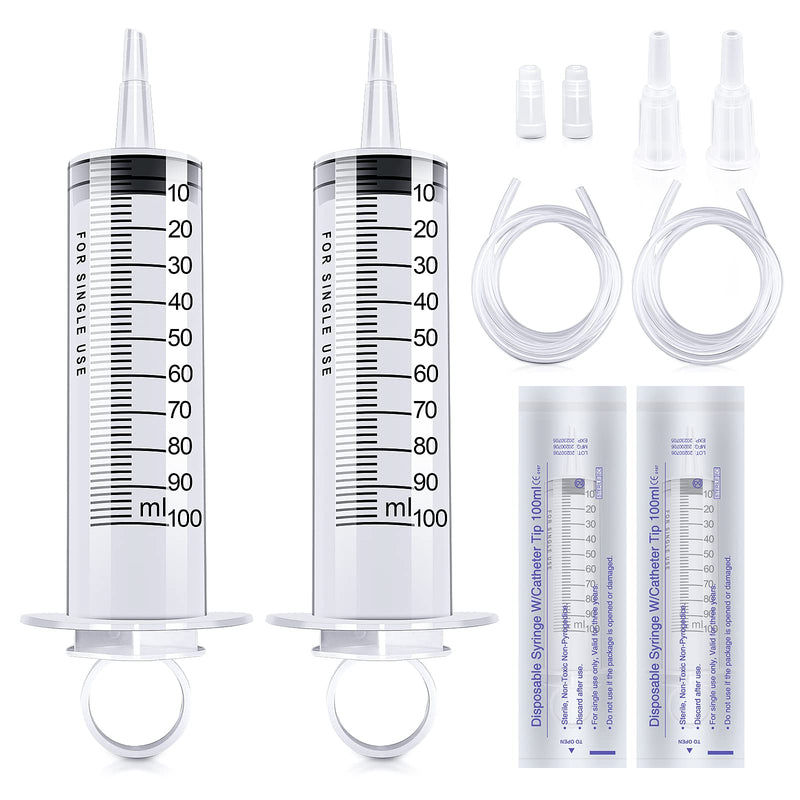 2 Packs Plastic Syringes with 2 Plastic Tubes for Oil or Glue Applicators, Experiments, Pet Feeding, Industrial Applications (100 ml) 100ml