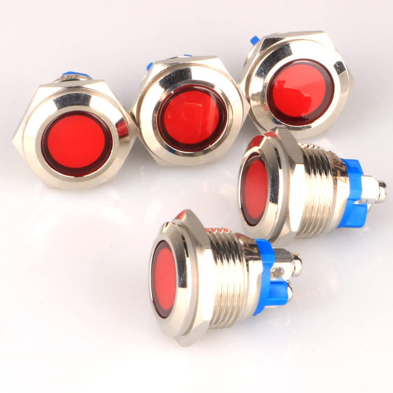 GUUZI 5pcs 12V-24V 16mm LED Metal Indicator Light Waterproof Signal Lamp with Wire (Red) Red