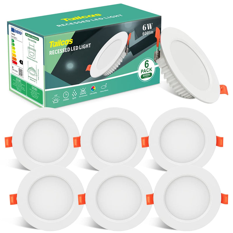 [Australia - AusPower] - LED Recessed Spotlights 230 V 6 W Ultra Flat IP44 Set of 6 Cool White 6000 K Installation Depth 26 mm 600 Lumen Diameter 105 mm Installation Hole Dimensions 75-95 mm for Bathroom Living Room Kitchen Cold White 