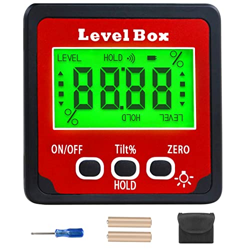 Digital LCD Protractor with Magnetic Base, IP54 Waterproof Inclinometer Bevel Box, Level Box Angle Measuring Device Inclinometer (Battery Included) Red