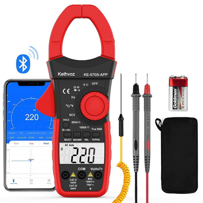 [Australia - AusPower] - Bluetooth Clamp Meter Clamp Meter, Kethvoz Anto Range True-RMS Current Clamp NCV Voltmeter 570S-APP Measure AC/DC Voltage Current, Continuity Resistance Capacity Temperature 1000A Bluetooth Clamp Meter 570SAPP 