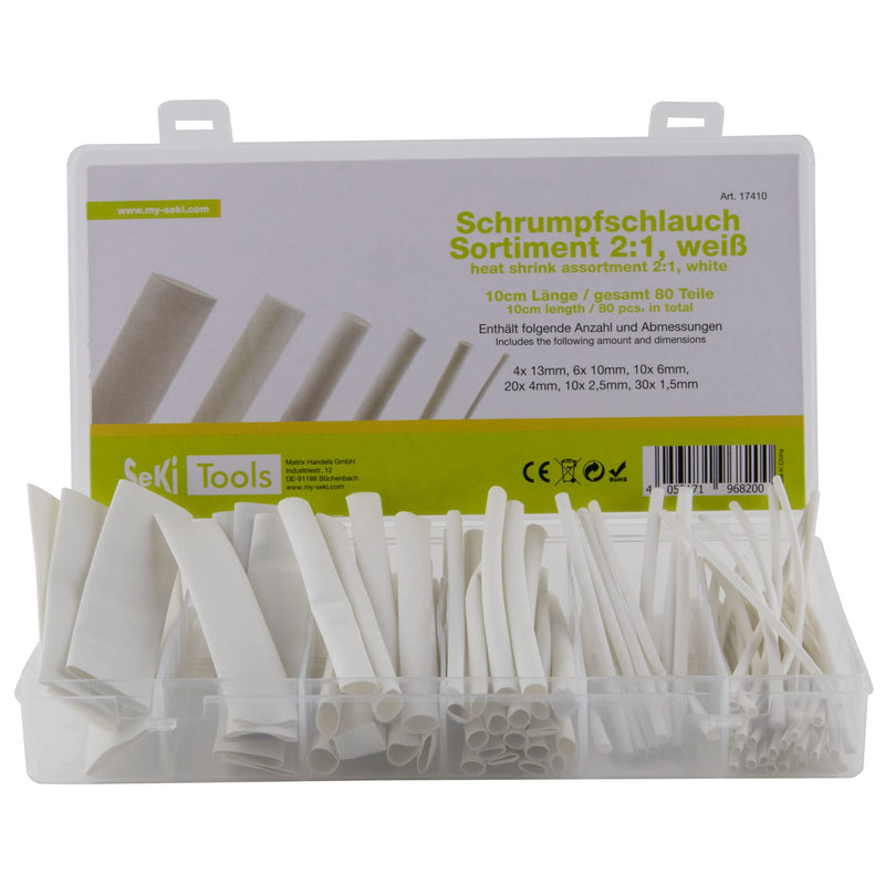 SeKi 17410 2:1 Parts White Heat Shrink Tubing Assortment 80-Piece in 6 Sizes (30 x 1, 10 x 2.5 mm, 20 x 4 mm, 10 x 6 mm, 6 x 10 mm, 4 x 13 mm) Each 10 cm Long, White