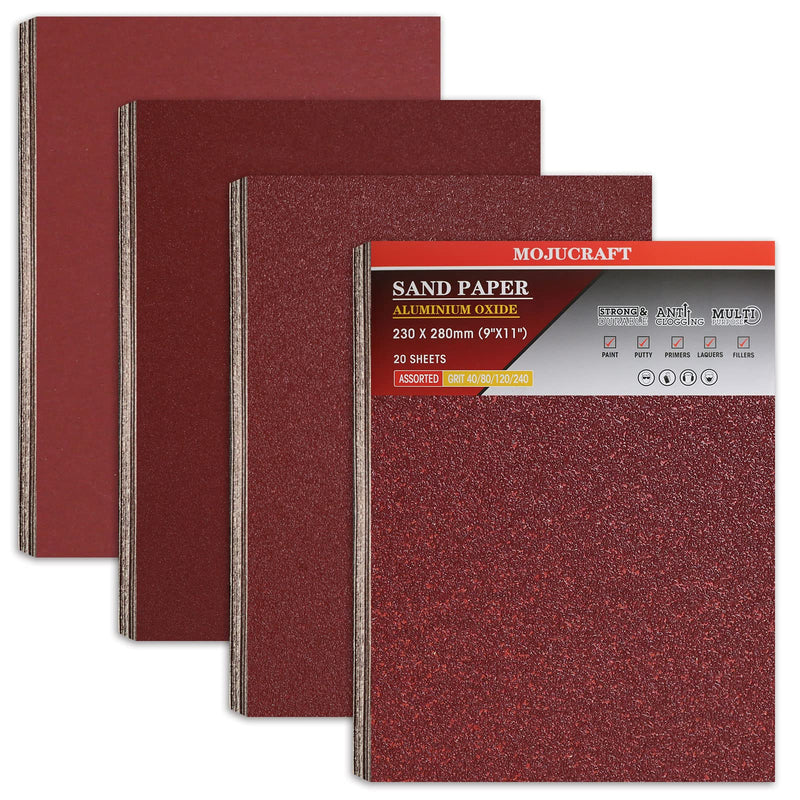 [Australia - AusPower] - Mojucraft 20 Sheets Sandpaper Set 40/80/120/220 Grits Sandpaper for Wood Metal 230 x 280 mm Multi-Purpose Sandpaper Sheets Cut for Use on Hand Sanders Holzschleifpapier 