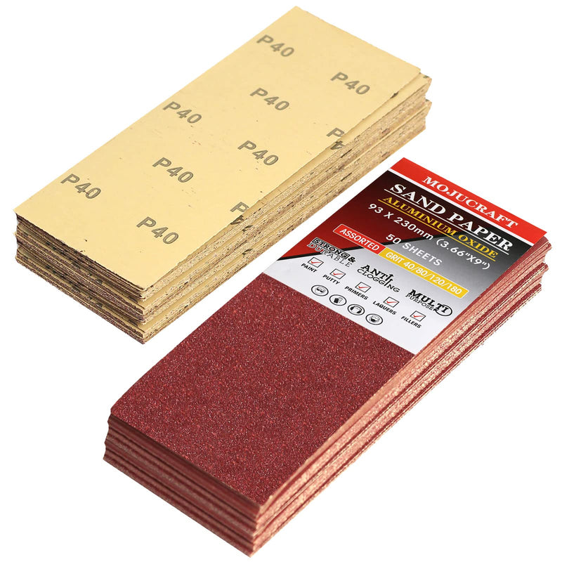 50 Sheets Sandpaper Set, 115 x 280 mm for Wood and Metal, 4 Grits (40/80/120/180), Cut for Hand and Machine Sanders 93mm x 230 mm