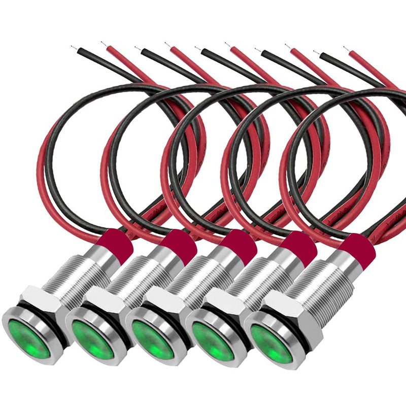 Gebildet Pack of 5 10 mm 3V-4.5V-5V-6V-7.5V-9V LED Metal Indicator Light Waterproof Signal Lamp Pilot Dash with Wire (Green) Green (10mm)
