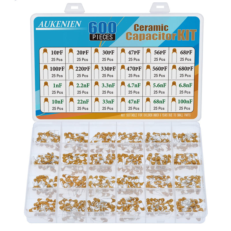 AUKENIEN 24 Value 600 Piece Ceramic Capacitor Set Capacitors Assortment from 10pF to 100nF Ceramic Capacitor Kit Keramik Kondensator 0.00001 uF - 0.1 uF