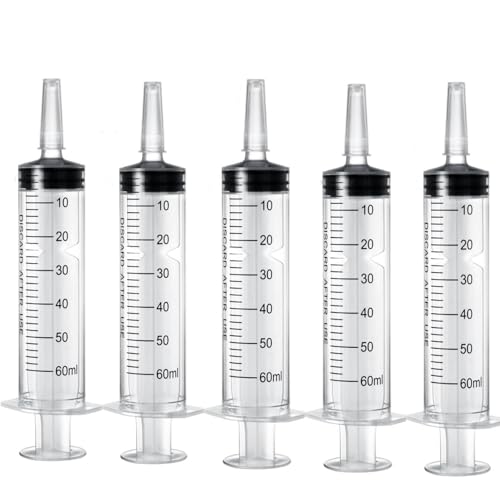 Syringes 60 ml, Pack of 5 Plastic Syringes Without Needle, Plastic Plastic Syringe Measuring Syringe Dosing Syringe for Industrial, Liquid Measurement Dispensing, Animal Feeding, Plant Watering