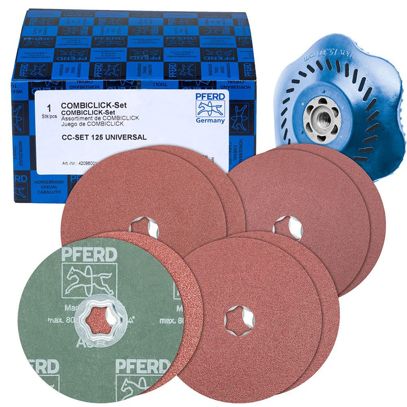 [Australia - AusPower] - PFERD COMBICLICK Fibre Disc Set, 9 Pieces, Corundum Diameter 125 mm, A36, 60, 80, 120 Including Support Plate, 42098001 - for Universal Applications with Angle Grinder Combiclick 125 Universal Fibre Disc Set 36-120 
