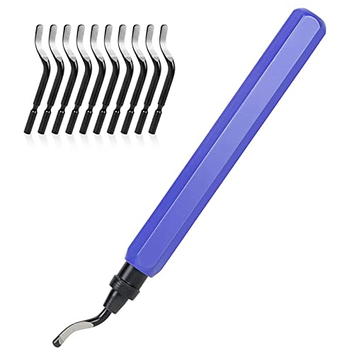 flintronic Universal Deburring Tool Metal Handle Hand Deburring Tool | With 10 replacement blades, 360° rotating blade cutting tool for 3D printers, plastic (1 tool + 11 blades) 11 pieces blue