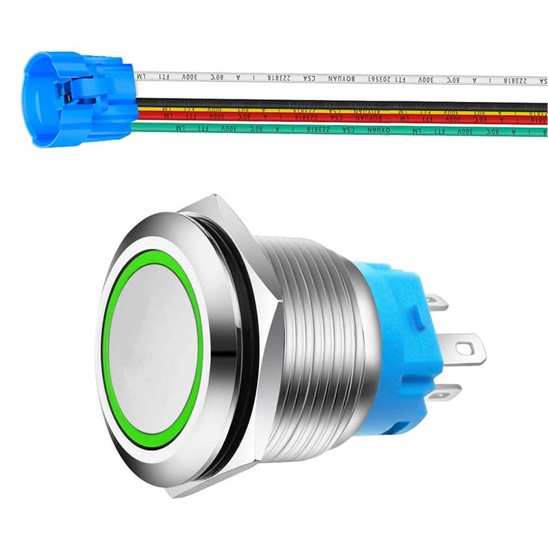 Gebildet 0.87 inch/22 mm Momentary Push Button Stainless Steel Button 230VAC 3A LED 1NO1NC SPDT On/Off Waterproof with Cable Socket Plug (Green LED) Green Light - 230V