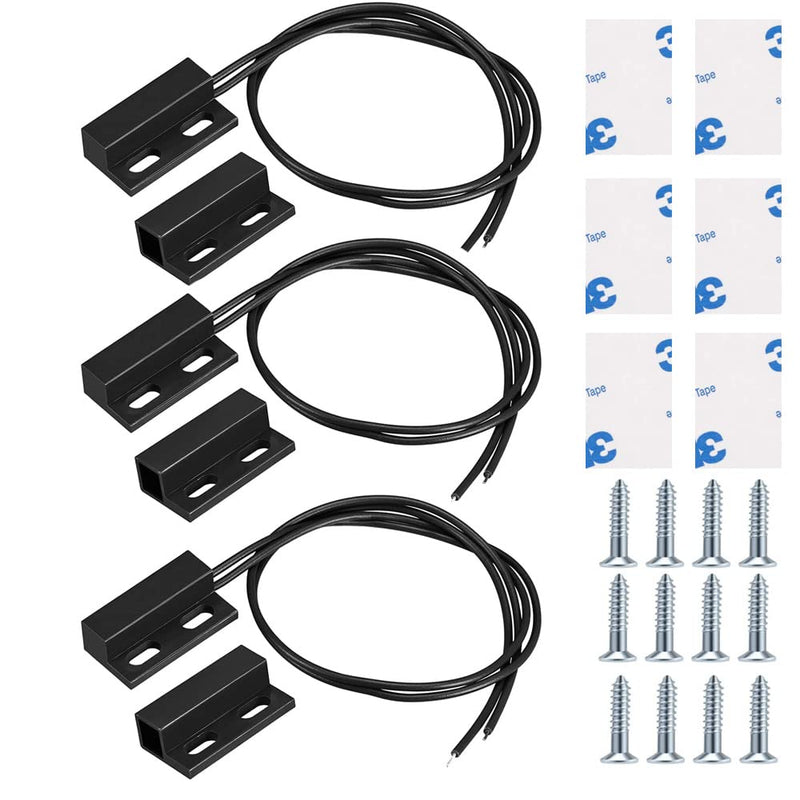 Guuzi 3pcs Wired Surface Mount Door Sensor, Magnetic Reed Switch, Black, Normally Closed Magnetic Switch