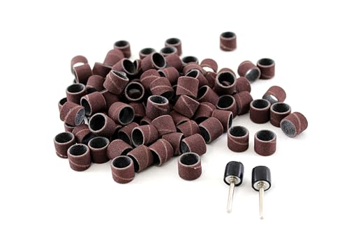 TMAX 100pcs 1/2 Inch Sand Drum 60 Grit Coarse with 2pcs 1/8 Inch Mandrel for Dremel Rotary Tools | Sanding sleeves for drum sanders with rubber mandrel | 3.175 mm shank | For removing unevenness and rounding edges 1/2" #60