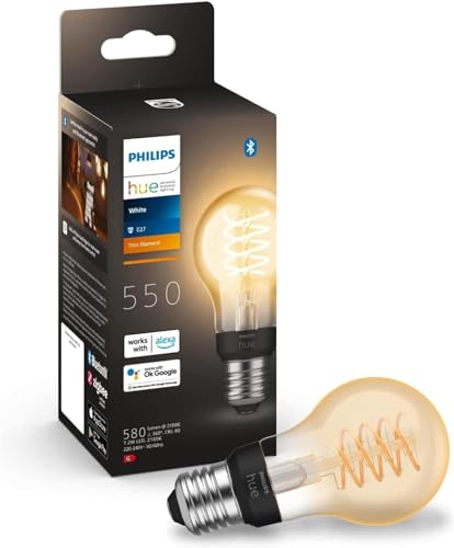 Philips Hue White E27 Filament Lamp (550 lm), Dimmable LED Lamp for Hue Lighting System with Warm White Light, Smart Light Control via Voice and App, Pack of 1 standard