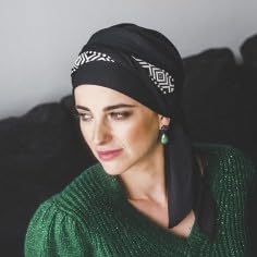 [Australia - AusPower] - CAREBELL Smooth Oncological Turban, Black Ikat Design, Chemotherapy and Alopecia, Bamboo Fabric, Comfortable and Breathable, Suitable for Sensitive Skin 