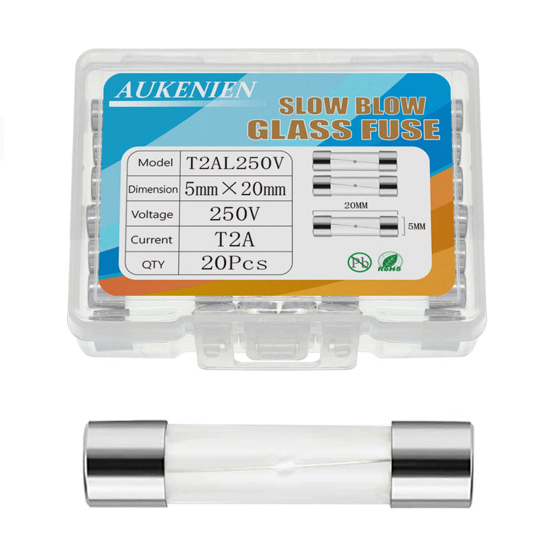 [Australia - AusPower] - AUKENIEN 2 A 2 Amp 250 V Slow Glass Fuse 5 x 20 mm T2A Fuses Glass Tube Fuse Fine Fuse Carrier Glass Fuse 