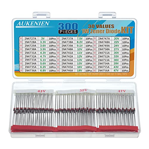 AUKENIEN 1W Zener Diode Z Diodes Assortment Set 30 Value Zener Diode Kit 3V 3.3V 3.6V 3.9V 4.3V 4.7V 5.1V 5.6V 6.2V 6.8V 7.5V 8.2V 9.1V 10V 11V 12V 13V 15V 16V 18V 20V 222 V 24V 27V 30V 33V 36V 39V 43V 47V 1W Zener Dioden