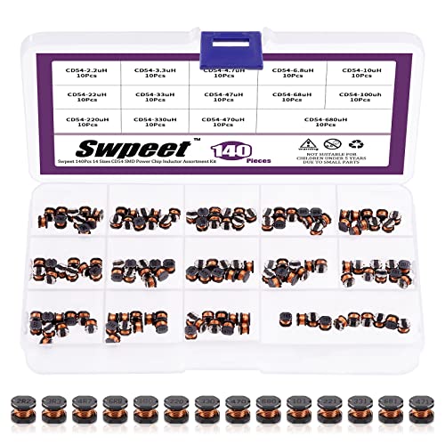 Swpeet 140pcs 14 Values 2.2UH.680UH CD54 Wire Wound SMD Power Inductor Assortment Kit, 5.8 mm Chip Inductors with 2.2UH 3.3UH 4.7UH 6.8UH 10UH 22UH 47UH 68UH 100UH 220UH 330UH 47UH 7UH 68 uh