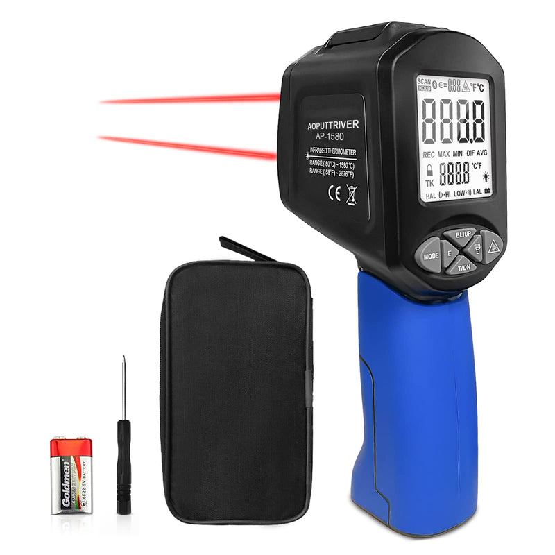[Australia - AusPower] - AOPUTTRIVER AP-1580 Infrared Thermometer Temperature Range -58°F to 2876°F with DS 30:1 High Temperature Thermometer with Adjustable Emissivity Backlight for HVAC Pizza Ovens AP-1580(Blue) 