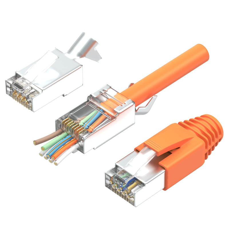 RJ45 Connector Cat7 Set of 10 | Network Plug, Pass Through & Shielded | Includes strain relief, orange bend protection boot & insertion aid | Ideal for CAT 7, Cat6A installation cables AWG23 | 8-pin RJ45 plug, 10 pieces