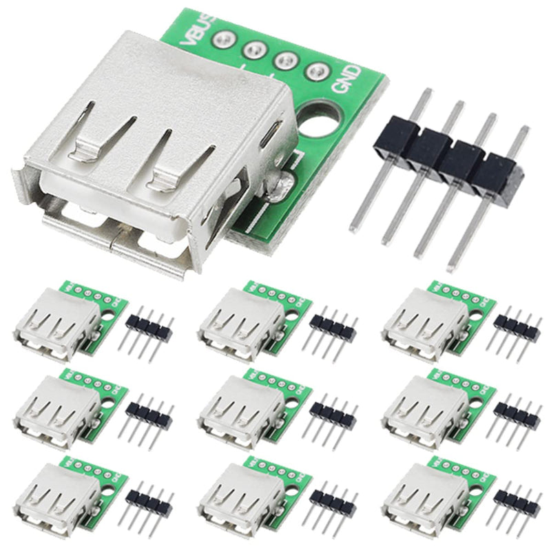 10 Pieces USB Type A Female to DIP Adapter 2.54mm 4 Pin USB 2.0 Type A Female to DIP Converter Breakout Board for DIY Power Supply with 40 Pin Header