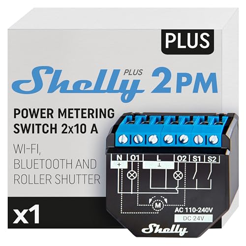 Shelly Plus 2PM | WLAN & Bluetooth 2-Kanal Relais Schalter mit Strommessung| Smart Home Hausautomation| Funktioniert mit Alexa| iOS- & Android-App| Kein Hub erforderlich| Rollläden steuern 1 Stück