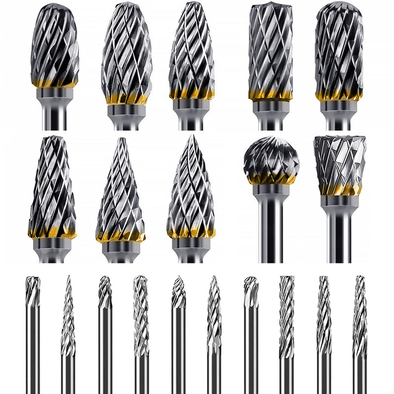 [Australia - AusPower] - Carbide Burrs with Double Cut for Dremel Accessories, Pack of 20 Metal Cutters for Drill, 3 mm Shank Double Cut Rotary Cutter for Wood Engraving, Drilling, Metal Polishing, Grinding 
