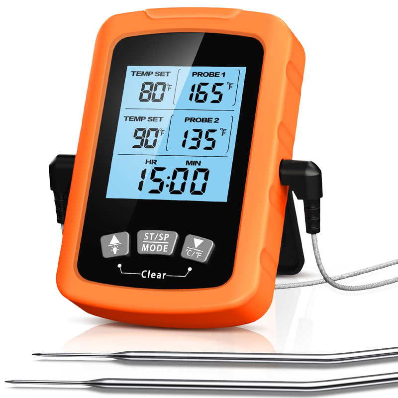 [Australia - AusPower] - CIRYCASE Digital Meat Thermometer, Quick and Precise Read Oven Thermometer with Two 16.3 cm Stainless Steel Probes, Grill Thermometer with Auto On/Off, Timer & LCD Screen, for Cooking, BBQ, Kitchen orange 