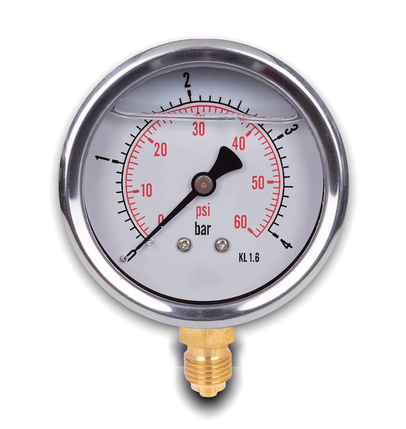 [Australia - AusPower] - Glycerine Pressure Gauge with Radial Connection, IP65 Stainless Steel 63 mm with Lower Connection, 1/4 Glycerine (0-4 bar) 0-4 