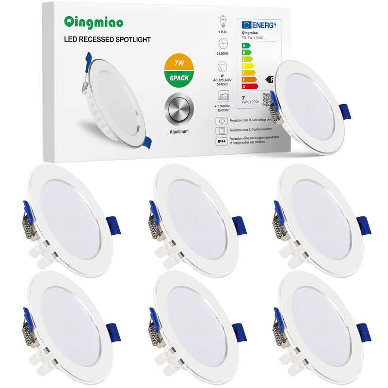 [Australia - AusPower] - Qingmiao LED Recessed Spotlights, 230 V, Flat, 7 W, 600 lm LED Spotlights, IP44 Recessed Lights for the Bathroom, Neutral White, 4500 K, Diameter 75-95 mm Hole Diameter, Recessed Lights for Living Neutral White 4500 K. 