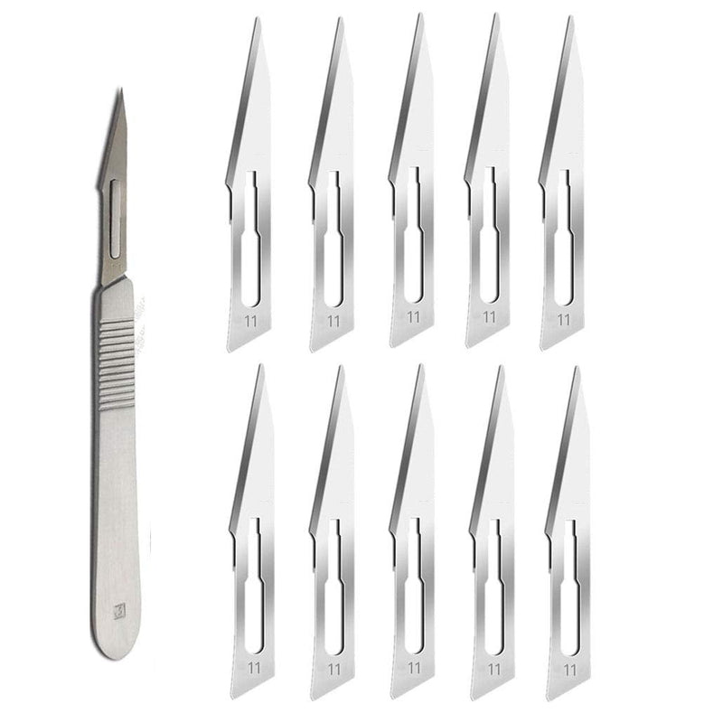 Abmro 10 pieces sterile scalpel blades 11# with handle for dermaplaning paper cutting, sewing, fruit crafts, modelling, medicine, veterinary surgery knife No.11 10pcs + No. 3 handle