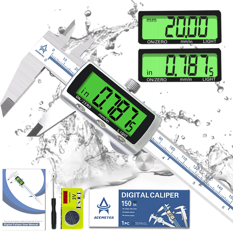 [Australia - AusPower] - ACEMETER Digital Vernier Calliper with Backlight 150 mm / 6 Inch with Large LCD Precision Thrust Gauges Depth Gauge Stainless Steel Analogue IP54 Waterproof for Indoor Outdoor Steps Brass 