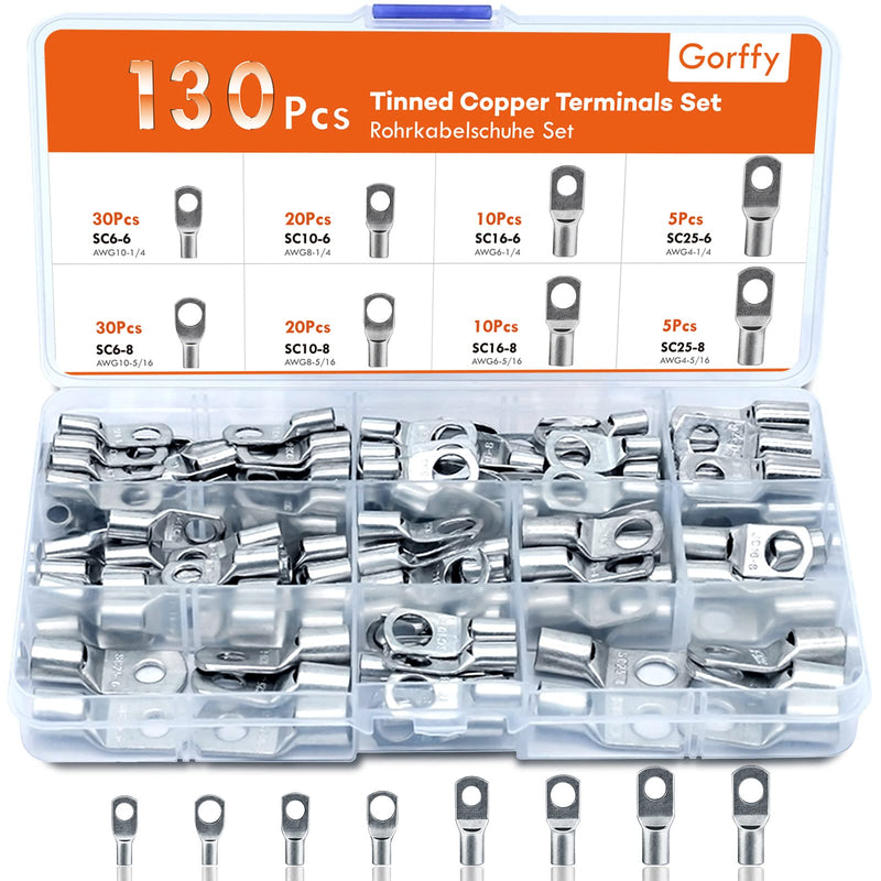 130 pieces cable lugs, tube cable lugs set, ring terminals M6 M8 | Cable lugs set 25 mm² 16 mm² 10 mm² 6 mm², cable lug assortment, for car battery cables 130 Pcs