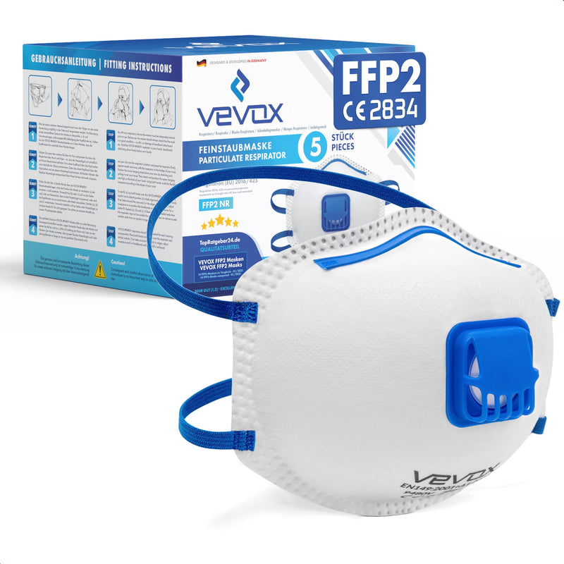 [Australia - AusPower] - VEVOX® FFP2 Mask with Valve - Set of 5, 10 or 20 - Dust Mask - Respirator Mask - Dust Mask - Fine Dust Mask - Respirator Protection e.g. Against Fine Dust, Abrasive Dust or Building Dust 5 stück (1er Pack) 