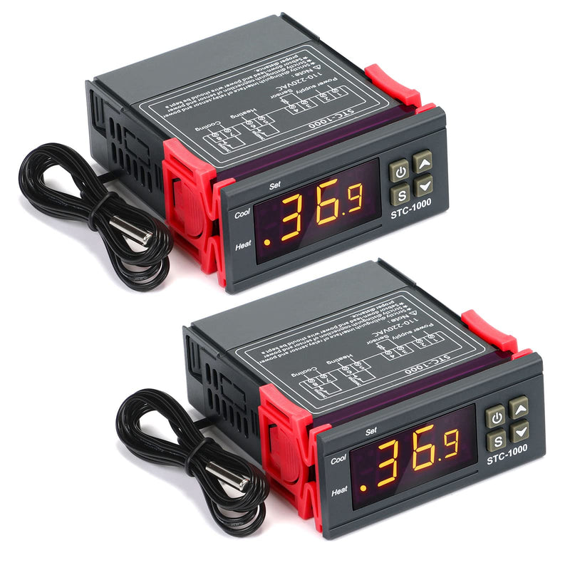 [Australia - AusPower] - Fiada Pack of 2 STC-3008 AC 110V-220V Digital Temperature Controller Celsius Thermostat General Digital Thermostat Temperature Monitor with Sensor 2 Relay Output for Fermentation Heating Cooling STC-1000 