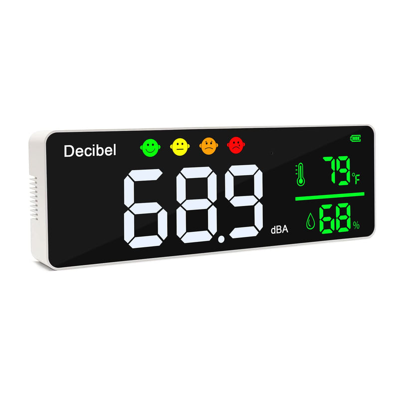 Decibel Meter, Wall Sound Level Meter, 28 cm Large LED Display, Noise Temperature and Humidity Meter with Alarm Symbols, Wide Applications for Classroom, Studio, Home, Factory