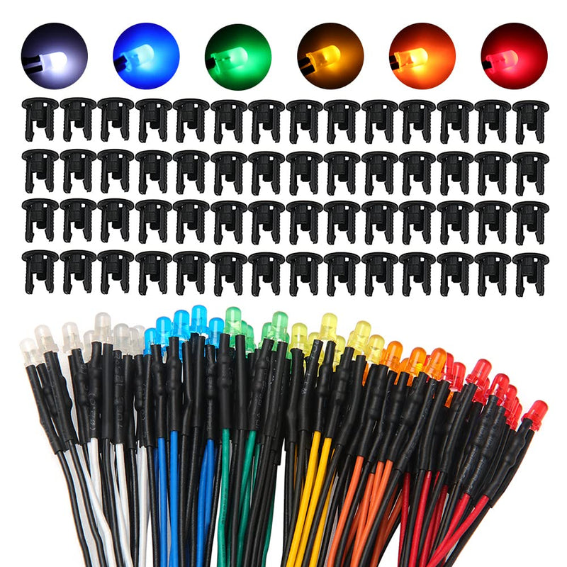60 pieces 3 mm 12 V pre-wired LED diode light, white, orange, red, yellow, blue, green, 3 mm LED diffuse emitting diode with 20 cm cable + 60 pieces 3 mm plastic LED diode holder 3mm Multicolor Diffuse