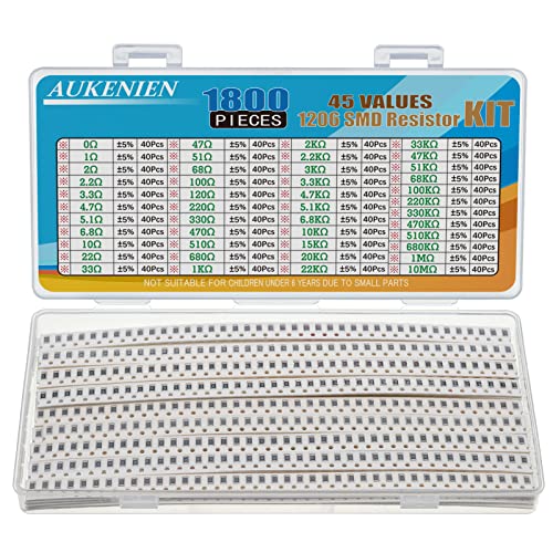 AUKENIEN 1206 SMD Resistor Assortment 45 Values 1800 Pieces 0R to 10M Ohm Resistor 1/4W SMT Resistors Kit with ±5% Tolerance 1206 ±5% Widerstand
