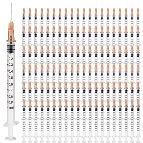 100 Pieces Syringes, Vegena 1 ml Syringe Set, Plastic Tube Syringes with Needle, Disposable Syringes, Small Dosing Syringe, Liquid Syringe, Independent Seal Packaging, Disposable Syringes