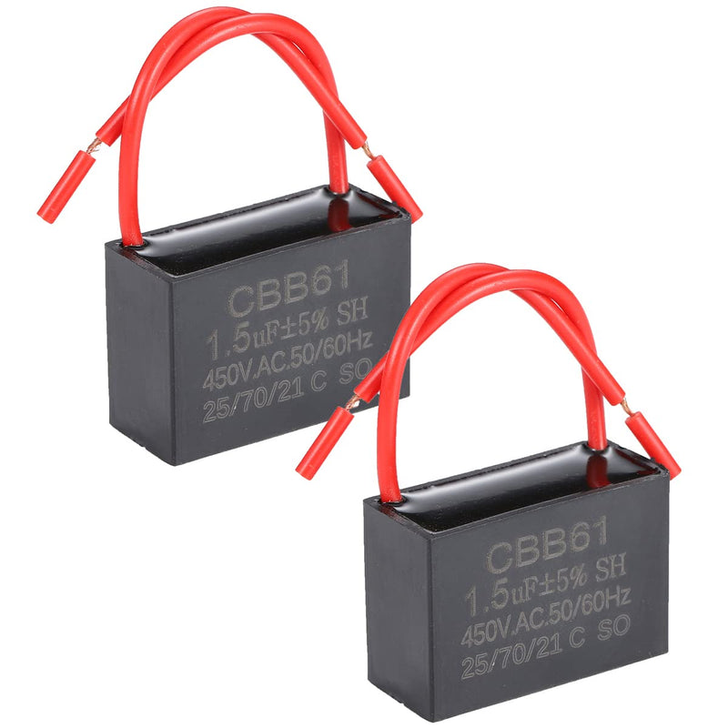Greluma 2pcs 1.5uF 450V AC CBB61 Ceiling Fan Capacitor 50/60Hz Motor No Polarity 2-Wire 1.5uF-2