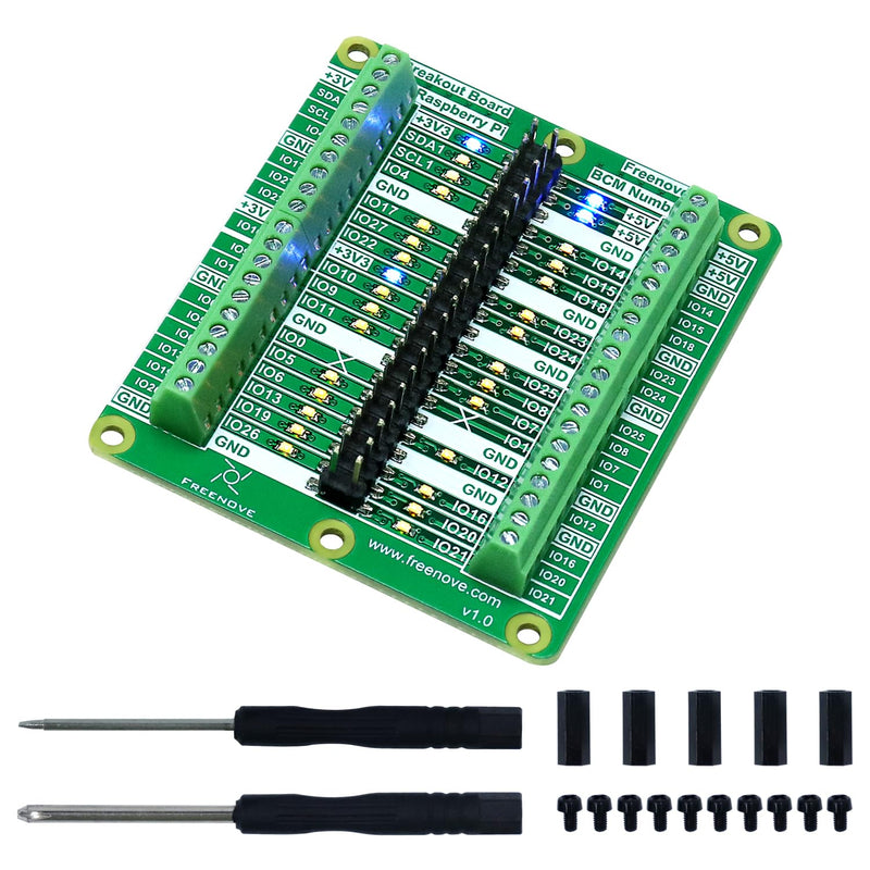[Australia - AusPower] - Freenove Breakout Board for Raspberry Pi 5 / 4B / 3B+ / 3B / 3A+ / 2B / 1B+ / 1A+ / Zero 2 W/Zero W/Zero, Terminal Block Shield HAT with Pin Header, GPIO Status LED 