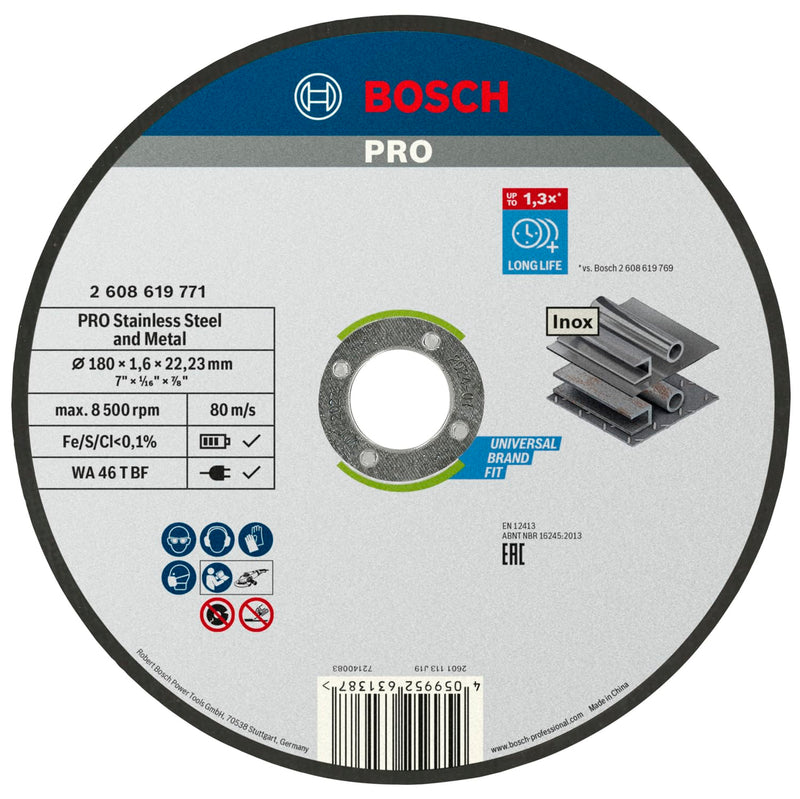 Bosch Professional 1x Standard for Inox Trennscheibe (für Edelstahl, Ø 180 x 1,6 x 22,23 mm, Gerade, Zubehör Winkelschleifer) Diameter: 180 x 1.6 x 22.23 mm
