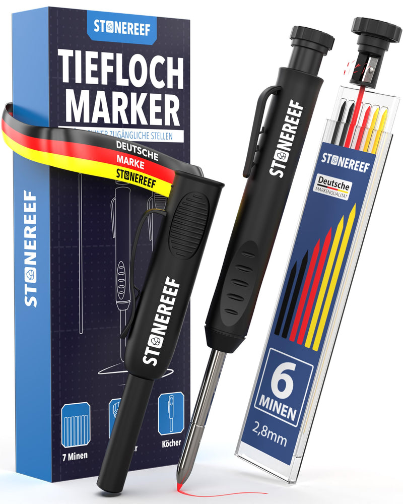[Australia - AusPower] - Professional Deep Hole Marker with Quiver - Pencil for Construction Site, Drill Hole, Craftsman, Carpenter, Marker Pen for Deep Spaces - Replacement Lead Compatible - Construction Pencil for Wood 