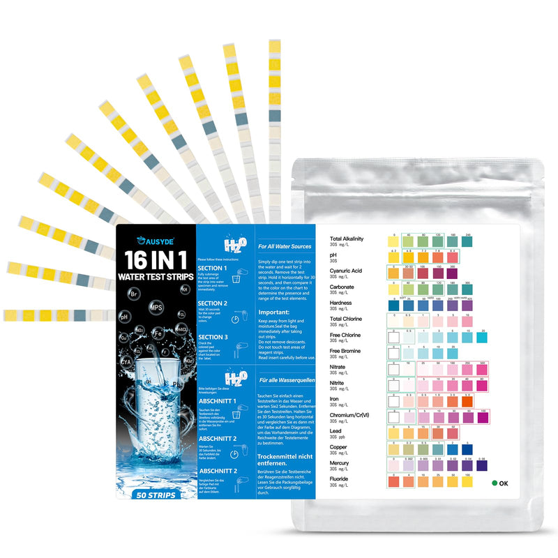 [Australia - AusPower] - 16-in-1 Water Tester Drinking Water, Pack of 50 Water Hardness Measure Water Test Strips for Drinking Water, Water Hardness Test Strips for Total Hardness, Free Chlorine, Iron, Copper, Lead, Nitrate 