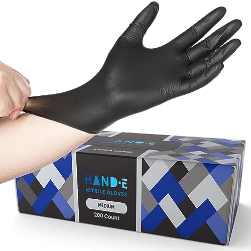 Hand-E Touch Black Nitrile Disposable Medical Gloves [Extra Thick 5 Mil] Medium - Pack of 100 - Surgical Gloves, Latex Free, Powder Free, Medical Examination Gloves Medium (100 Count)