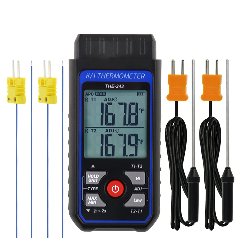 Thermocouple Thermometer, Digital K Type Thermometer with 4 Thermocouples, -200-1372℃ Measuring Range HVAC Thermometer Dual Channels, Temperature Meter LED Backlight and ADJ Compensation